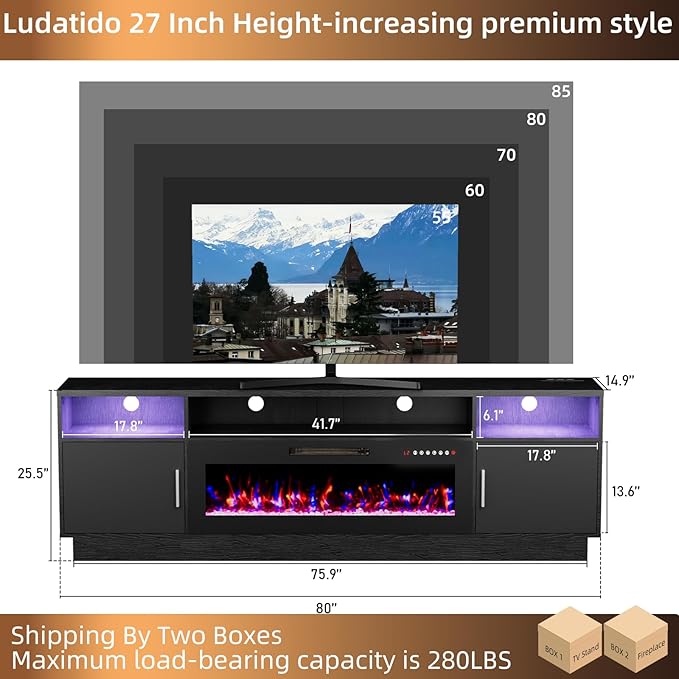 Ludatido 80 Inch Premium TV Stand with 36 inch Electric Fireplace 27 Inch high LED Light Entertainment Center Easy to Assemble for TVs Up to 90'' with USB&AC Power Interface White