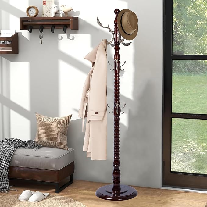 Coat Racks Freestanding, Natural Wood Coat Stands with 14 Hooks, 73" Heavy Duty Adjustable Height Vintage Hall Tree for Entryway, Bedroom, Office, Easy Assembly (Fenghuang Gou)