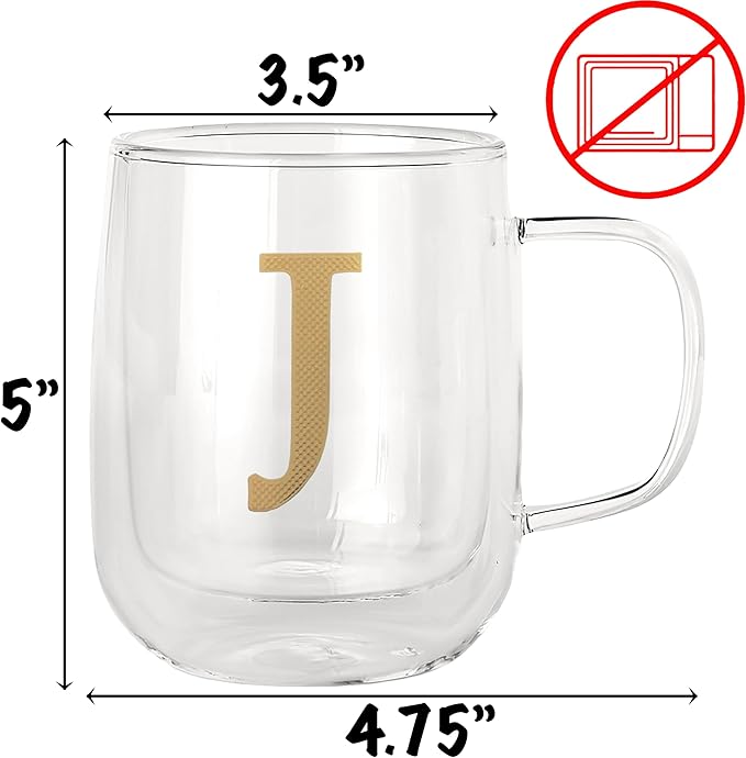 COLLECTIVE HOME - Double Walled Glass Coffee Mugs, Insulated Coffee Mug with Handle, Personalized Gifts for Women, Men, Christmas, 14 oz Monogram Cups (J)
