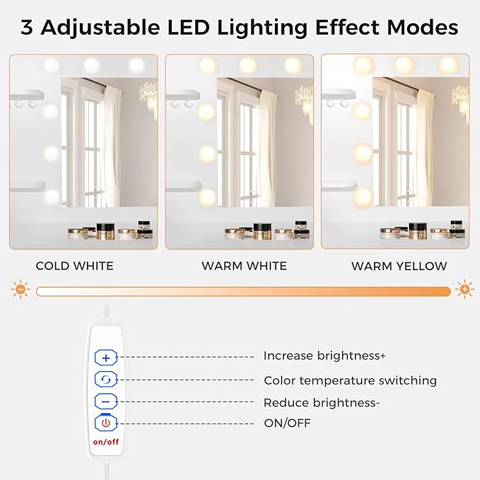 45” Vanity Desk with Mirror and Lights,10 Lights 3 Color Modes,Makeup Vanity Desk with 4 Storage Shelves 5 Drawers 1 Cabinet and Power Outlet,for Bedroom & Dressing Room,White vanitys