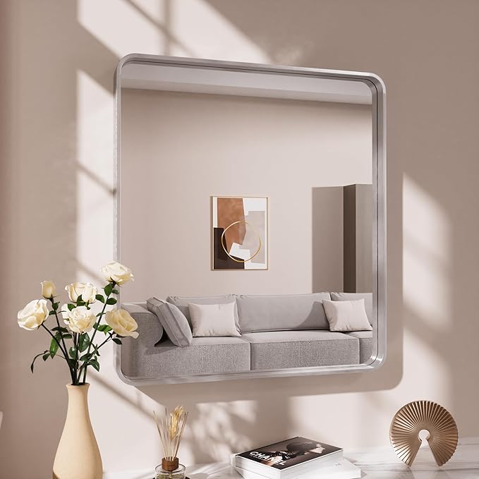 Brushed Nickel Bathroom Mirror 38x38 Inch, Brushed Silver Metal Frame Mirror Wall Mounted, Rounded Bathroom Vanity Mirror, Tempered Glass, Anti-Rust, Horizontal/Vertical