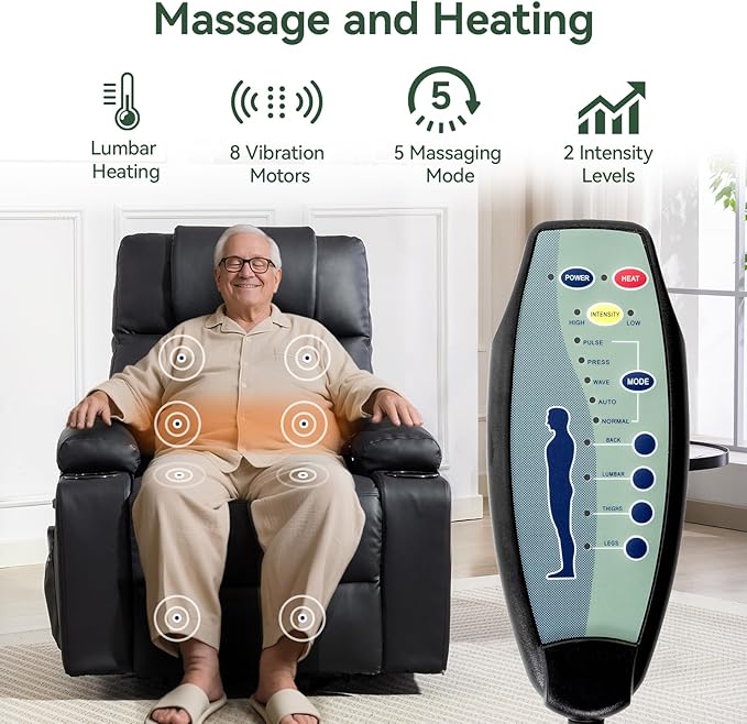 Power Lift Recliner Chair for Elderly with Heat & Massage, 160° Electric Adjustable PU Leather Recliner with Remote Control, Stand Assist, Cup Holders & Side Pockets for Living Room (Black)