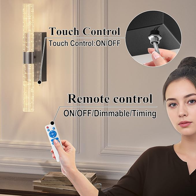 Battery Operated Black Wall Sconces Set of 2 Rechargeable Battery Powered Wall Light with 12000mAh Indoor Not Hardwired Dimmable Wall Lamp Fixtures for Bedroom Living Room 20.9 Inches