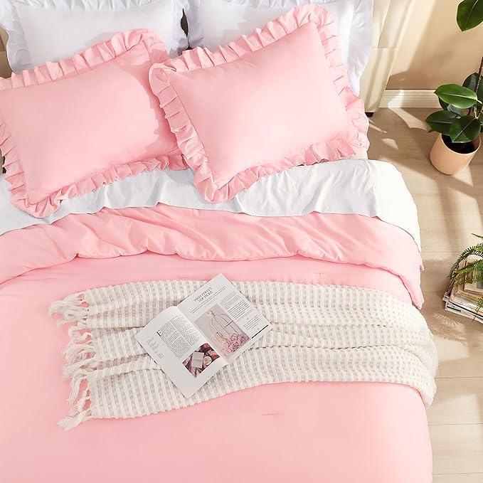 Litanika Pink Full Size Comforter Sets, 3 Pieces Ruffle Farmhouse Aesthetic Bedding Comforter Sets, All Season Soft Lightweight Fluffy Microfiber Bed Set(79x90In Comforter, 2 Pillowcases)