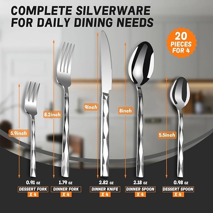 SSGP 20 Piece Flatware Set for 4, 18/10 Stainless Steel Silverware Set, Mirror Finish, Heavy-Duty, Dishwasher Safe, Elegant & Durable, Modern Design Cutlery Set for Home Home/Hotel/Wedding