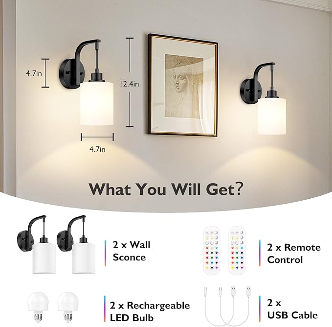 Wireless Rechargeable Wall Sconce Set of Two, 15Colors Black Battery Operated Wall Lights, 2 Milky Glass Wall Lamps with Remote and Dimmable Bulbs, Cordless Sconces Wall Decor for Bedroom Living Room