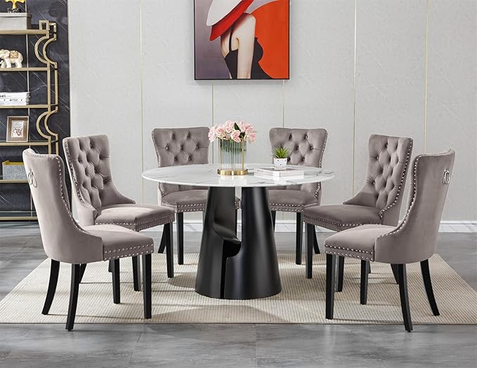 7-Piece Faux Marble Round Dining Table Set for 6, Modern Luxury Kitchen Table Set for 6 with Grey Tufted Chairs,Circle Dining Tables with White Marble Grain Top and Black Pedestal Base