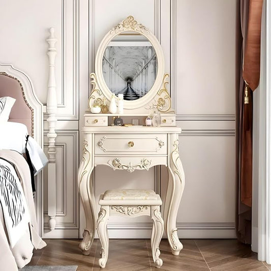 CraftThink Modern Makeup Vanity Set, Bedroom Makeup Vanity Desk Wood Vanity Dressing Table for Bedroom, Makeup Vanity & Mirror & Stools Oval 24" L x 19" W x 64" H