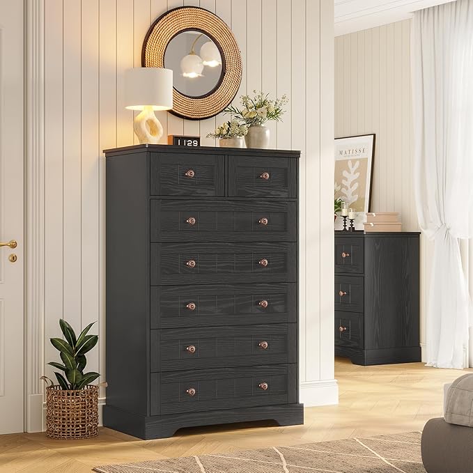 Hasuit Black Dresser for Bedroom, Farmhouse 7 Drawers Dresser, 51.4"Tall Dressers Chest of Drawers with Hand Carved Panel, Large Wood Closet Storage Organizers Dressers for Bedroom Living Room Hallway