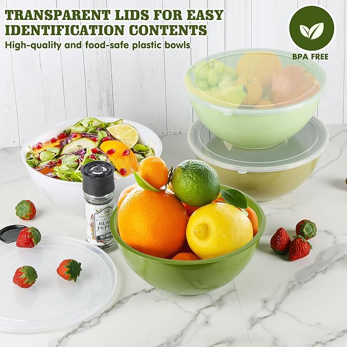 4-Piece Plastic Mixing Bowl Set with Lids for Kitchen, 67oz Lightweight Storage Bowls, Large Salad Bowls for Baking, Prepping, Cooking and Serving Food, Dishwasher & Microwave Safe