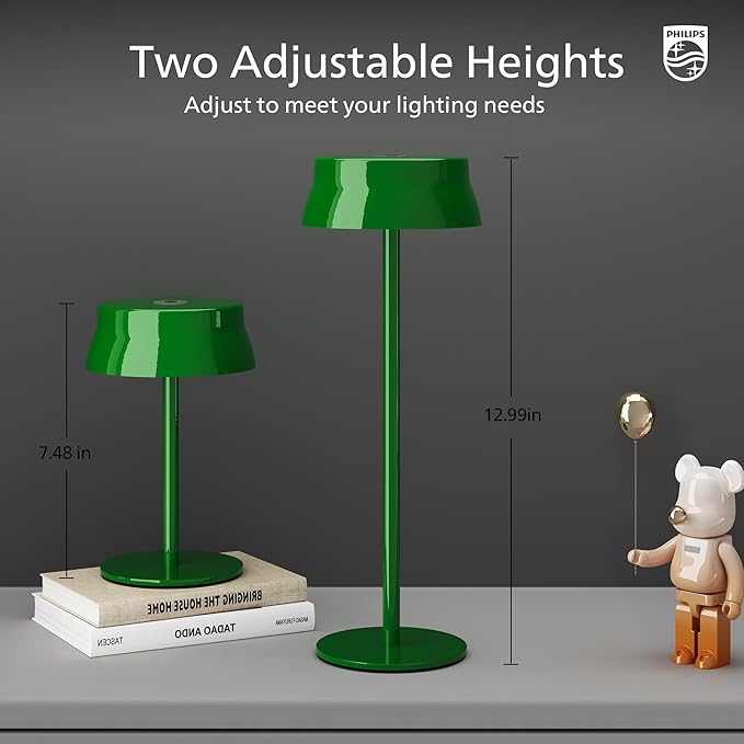 Philips Cordless Table Lamp, Portable Outdoor LED Desk Light,Rechargeable Battery Operated, 2 Adjustable Height, Touch Control & 3 Color Stepless Dimming, Waterproof Lamps for Restaurant/Bedroom