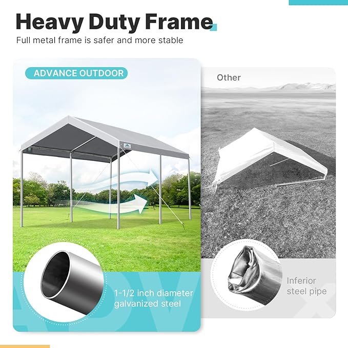 ADVANCE OUTDOOR 10x15 ft Heavy Duty Carport Potable Car Canopy Garage Party Tent Boat Shelter, Adjustable Height from 9.5 ft to 11 ft, Gray