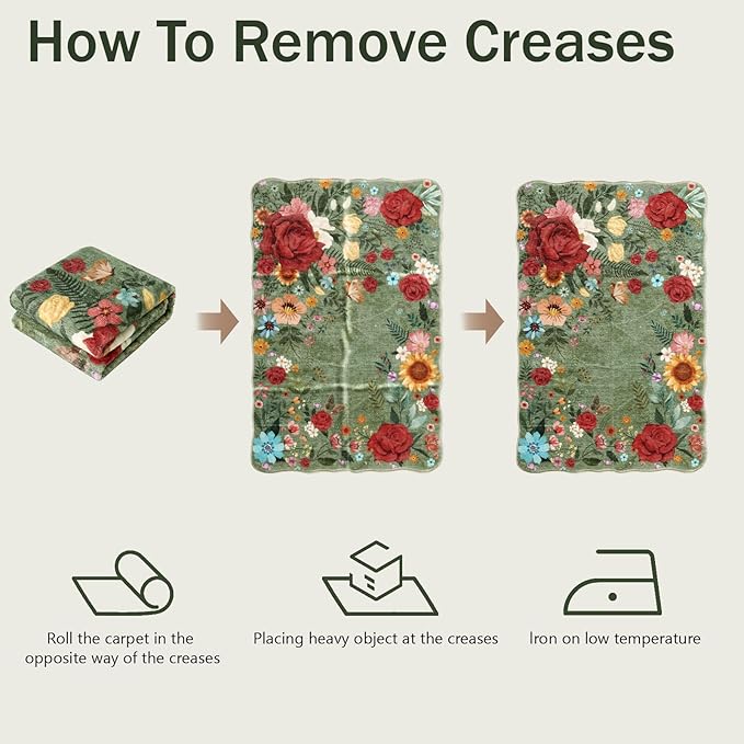 Floral Washable Area Rug 3'x5' Non Slip Boho Vintage Low Pile Soft Carpet for Living Room, Dining Room, Bedroom High Traffic Areas Indoor Rug for Bathroom, Entryway Decor (Green