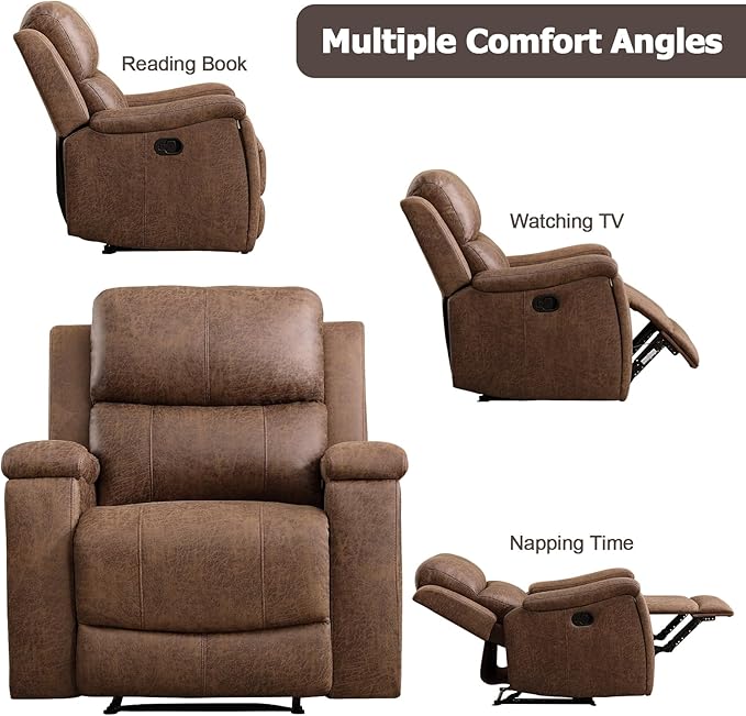 CANMOV Leather Recliner Chair Set of 2, Classic and Traditional Manual Recliner Chair with Overstuffed Arms and Back, Manual Single Sofa with Concealed Cup Holders,Nut Brown