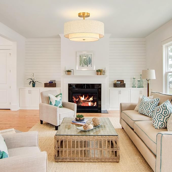 16" Semi Flush Mount Ceiling Light, 3-Light Gold Drum Ceiling Light Fixture with 2-Tier Fabric Linen Shade, Farmhouse Chandelier for Dining Room, Living Room, Bedroom, Kitchen, Hallway, Entryway