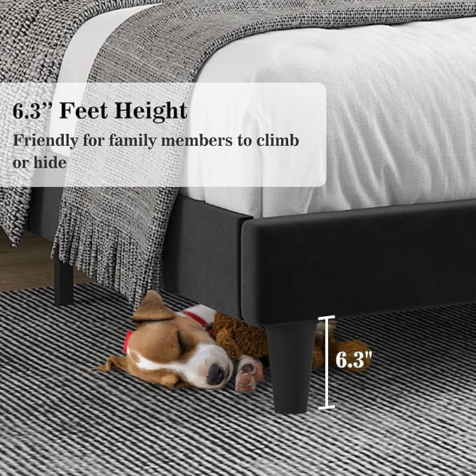 Allewie Queen Bed Frame/Velvet Upholstered Bed Frame with Vertical Channel Tufted Headboard/Strong Wooden Slats/Platform Bed Frame/Mattress Foundation/Box Spring Optional/Easy Assembly/Black