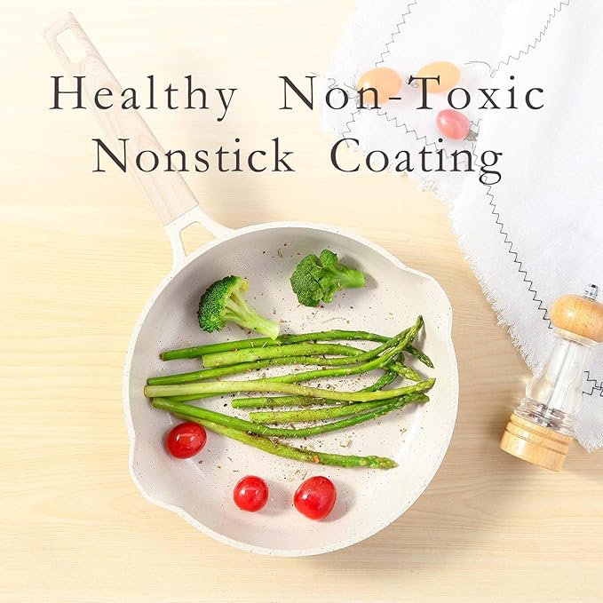 ESLITE LIFE Nonstick Cookware Sets, 7 Pcs Ceramic Coating Pots and Pans Set Kitchen Cooking Set, Compatible with All Stovetops (Gas, Electric & Induction), PFOA Free, White