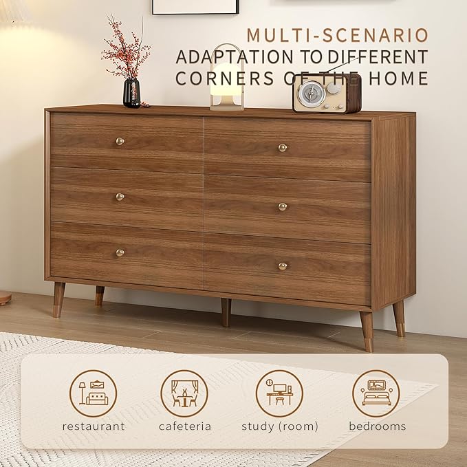 Dresser for Bedroom, Mid Century Modern 6-Drawer Solid Wood Chest, 47 Inch Walnut Finish, Heavy-Duty Drawer Glides, Storage Cabinet for Living Room, TV Stand (Brown, 47.2)