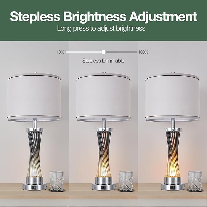 3-Way Dimmable Table Lamp Set of 2,Touch Control Lamp with Night Light,Modern Blue Crystal Table Lamps for Bedroom,Living Room，Bedside Lamps with USB A+C Ports，Fabric Lampshade(Blubs Included)