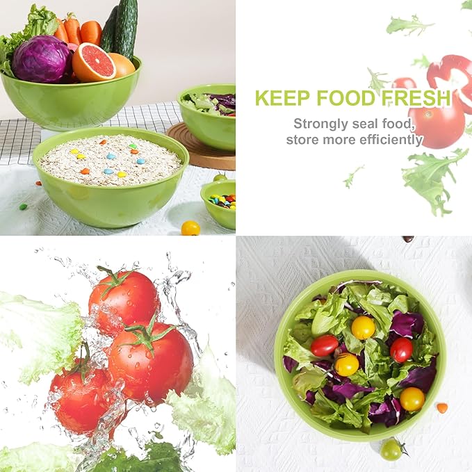 BoxedHome BPA Free Plastic Round Mixing Bowl with Lids, 12 Pack Nesting Bowls with Lids Set, Microwave and Dishwasher Safe Prep & Serving Bowls Great for Mixing, Baking, Serving (Light Green, 12pcs)