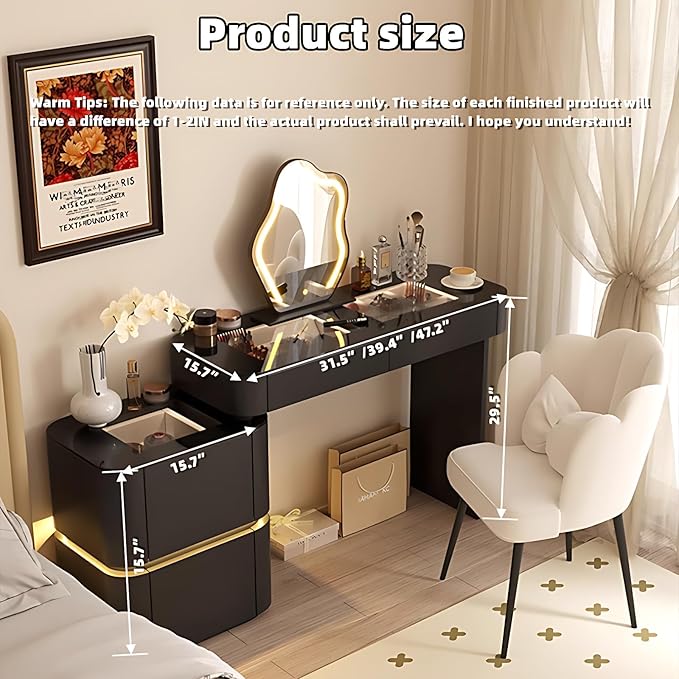Makeup Vanity Desk with Storage Drawers, Solid Wood Glass Top, Lights Desk and Chair, Easy Installation (Black 2 Drawers, 39.4”)
