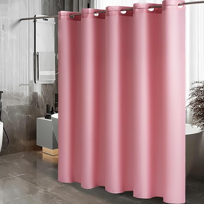 Furlinic No Hook Extra Long Shower Curtain 96 Length,Wahable Fabric Bathroom Curtains with 10 Plastic Built-in Grommets,Hotel Quality Waterproof,Pink,78x96 Inch.