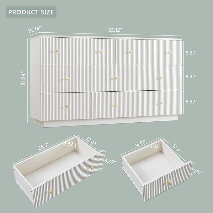 Fluted Dresser for Bedroom, 55" W White 8 Drawer Dressers, Wood Tall Dresser Storage Organizer, Modern Bedroom Chest of Drawer with Deep Storage for Closet Hallway, Entryway, Living Room White