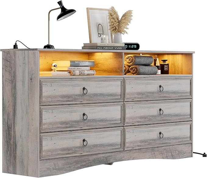 Grey 6 Drawer Dresser for Bedroom with LED Lights and Charging Station, Wood 6 Chest Drawers, Large Storage for Clothes, for Living Room, Bedroom, Hallway, Taupe Grey