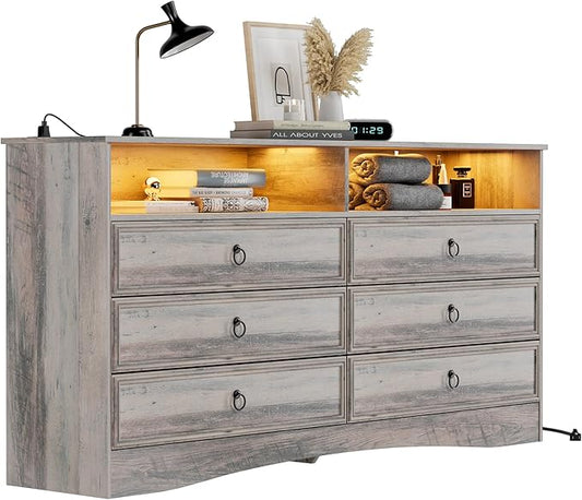Grey 6 Drawer Dresser for Bedroom with LED Lights and Charging Station, Wood 6 Chest Drawers, Large Storage for Clothes, for Living Room, Bedroom, Hallway, Taupe Grey