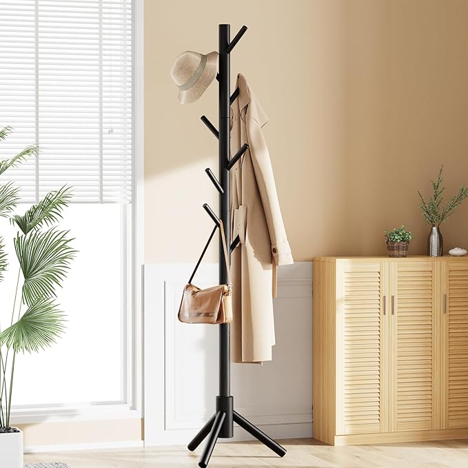 Pipishell Sturdy Wooden Coat Stand, 3 Adjustable Sizes Coat Tree with 8 Hooks, Coat Stands for Hallway Entryway, Hat Stand for Clothes, Used in Bedroom/Office/Hallway/Entryway, Black