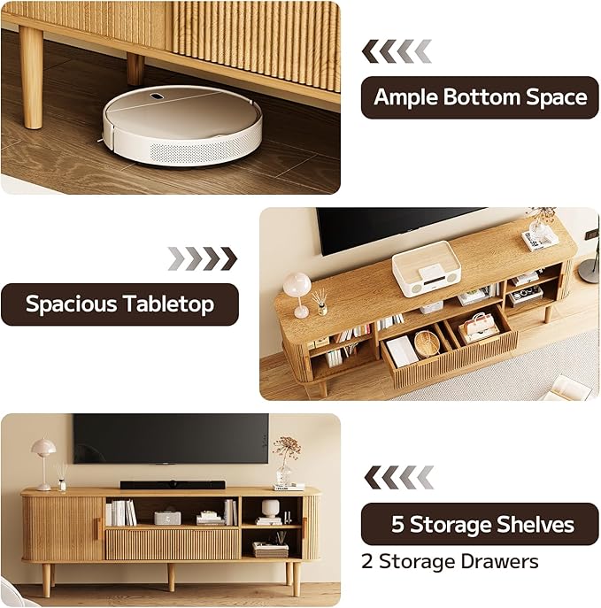 TV Stand 62.4 Inch Mid Century Modern Media Console Table with Drawer Sliding Tambour Door Farmhouse Sideboard Buffet Cabinet Fit TVs up to 75 inch Fluted Wood Entertainment Center(Oak)