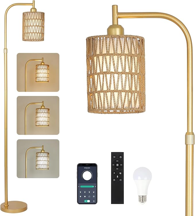 Modern Gold Floor Lamps for Living Room, Boho Rattan Floor Lamp with Remote & Dimmable LED Bulb, Farmhouse Standing Lamp with Rattan Shades, Minimalist Tall Pole Lamp for Bedroom Office