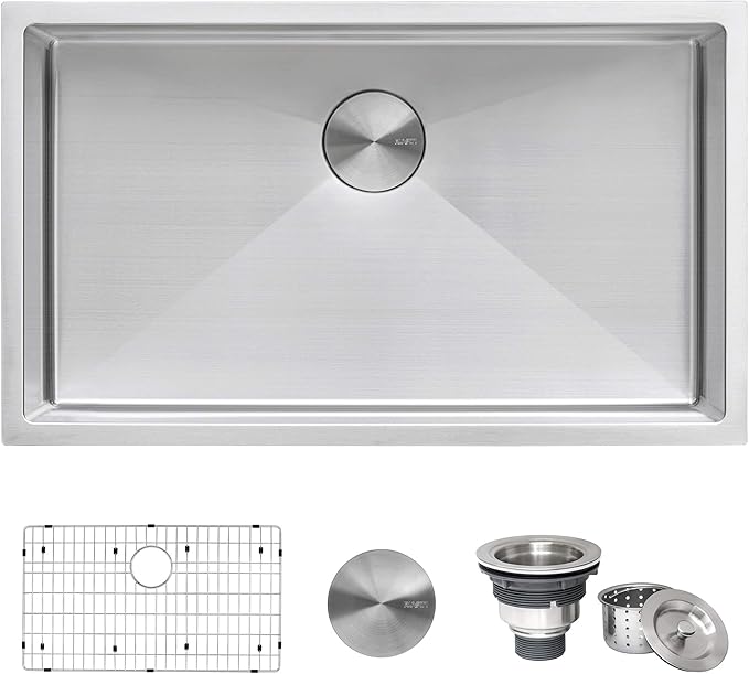 Ruvati 32-inch Rounded Corner Undermount Kitchen Sink Single Bowl – 16 Gauge Stainless Steel Kitchen Sink with Accessories and Brushed Finish hides scratches, Easy-to-Clean Undermount Sinks - RVH7400
