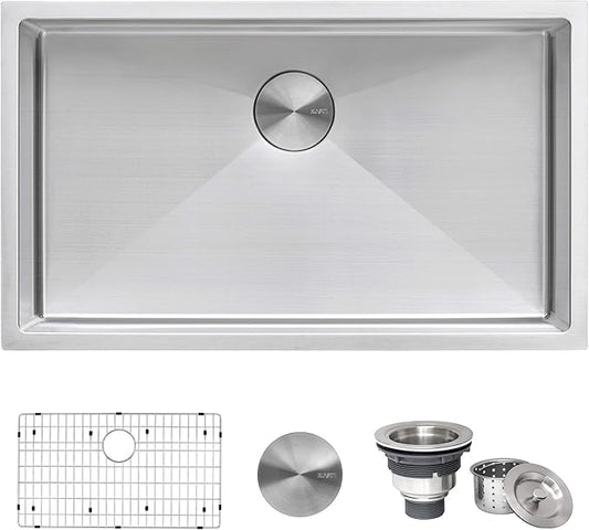 Ruvati 32-inch Rounded Corner Undermount Kitchen Sink Single Bowl – 16 Gauge Stainless Steel Kitchen Sink with Accessories and Brushed Finish hides scratches, Easy-to-Clean Undermount Sinks - RVH7400