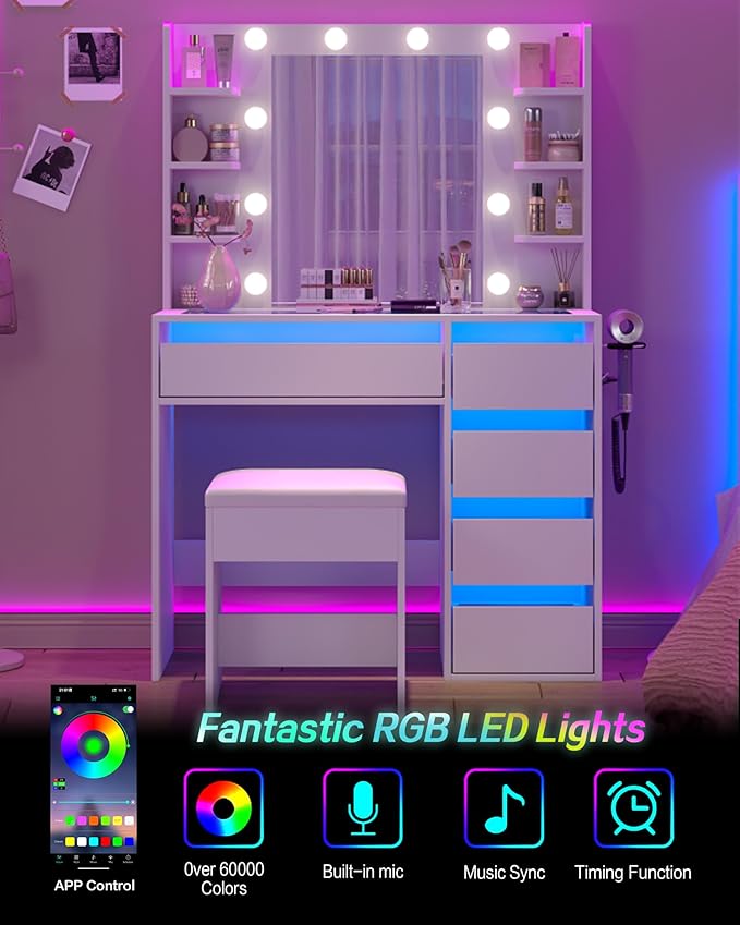 Vanity Desk with Mirror and Lights, 37" Makeup Vanity Desk with Lights 3 Colors, Glass Top Vanity with 5 RGB Drawers, 6 Shelves, Power Outlet, Chair, Dressing Table for Bedroom, White