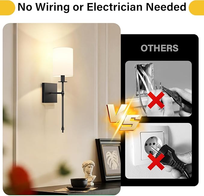 19.9 Inch Black Battery Operated Wall Sconces Set of 2, Rechargeable Wireless Wall Lights with Remote & White Fabric Shade, Indoor Not Hardwired Dimmable Wall Lamps for Living Room, 2 Bulbs Included