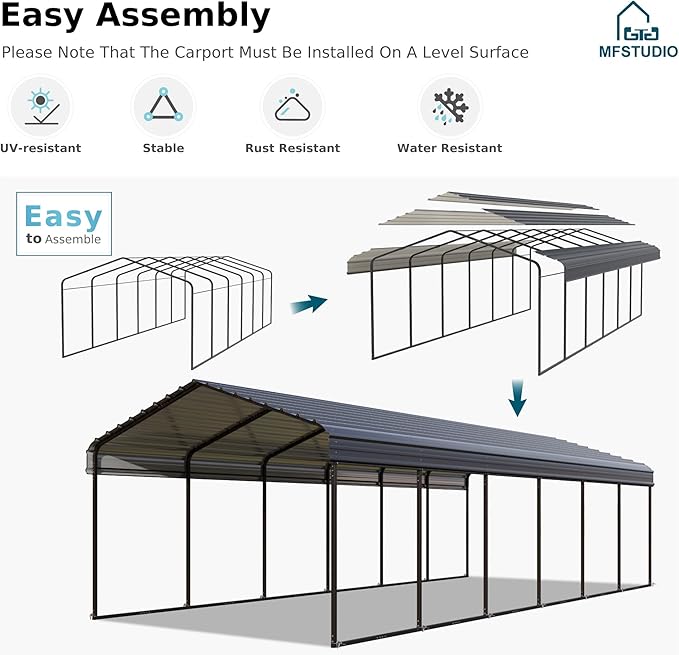 MFSTUDIO Carport 12x30 ft, Outdoor Heavy Duty Metal Shed Carports, Metal Garage Car Shelter Shade Car Port with Galvanized Roof, Frame and Bolts for 2 Cars, Truck and Boats