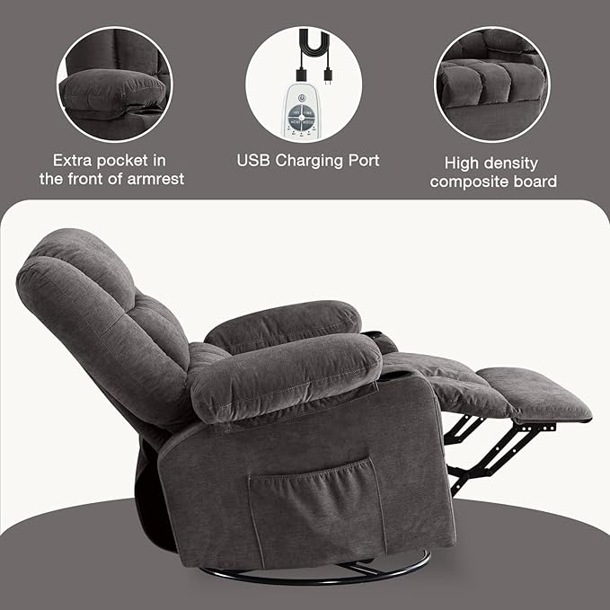 Massage Swivel Rocker Recliner Chair with Vibration Massage and Heat Ergonomic Lounge Chair for Living Room with Rocking Function and Side Pocket, 2 Cup Holders, USB Charge Port