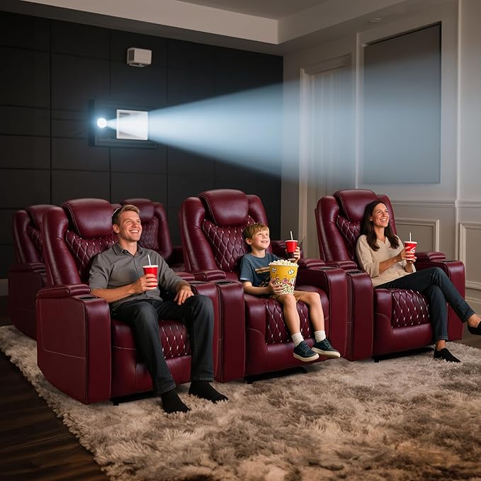 ANJ Power Recliner Chair Set of 3, Electric Soft Leather Reclining Home Theater Seating - USB Ports, Cup Holders, Hidden Arm Storage Movie & Media Room Chairs (Red)