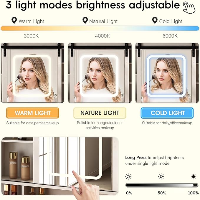 Fameill 45.5'' Farmhouse Makeup Vanity Desk with Sliding Mirror, Vanity Table with 3 Drawers and 2 Cabinets, Charging Station & LED Lights, Storage Shelves, Stool Included, Dressing Table for Bedroom