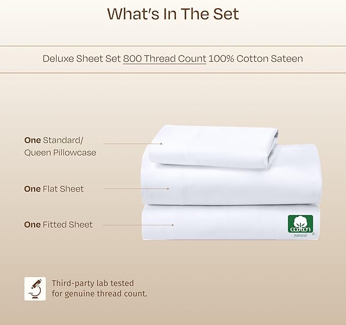 California Design Den Luxury Twin Sheets Set - Buttery Soft 800 Thread Count, 100% Cotton Sheets Sateen - Beats Fake Egyptian Claim, Deep Pockets, Durable Bedding Set (White)