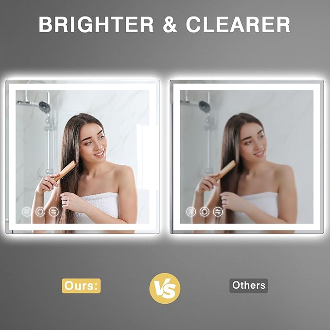 LED Bathroom Mirror 24"x 24" with Frontlit and Backlit, Anti-Fog Bathroom Vanity Mirror, Stepless 3 Colors Temperature & Dimmable Bathroom Mirror, Memory Tempered Glass Mirror for Bathroom