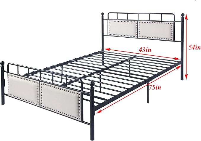 Bed Frame Upholstered Platform Vintage with Tufted Head Board Mattress Foundation with Metal Slats Full Size Industrial for Bedroom Students Kids Adults Storage Under Bed 500lbs (Black Metal 3, Full)