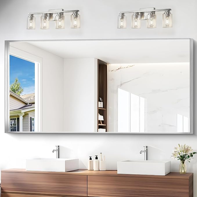 Silver Bathroom Mirror, 72x36 Inch Rectangular Framed Mirror, Large Wall Mounted Bathroom Vanity Mirror Over Sink for Bedroom,Restroom, Living Room, Hangs Vertically or Horizontally