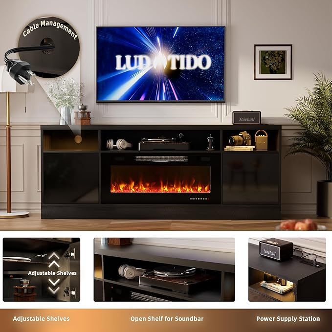 Ludatido 70 Inch Premium TV Stand with 36 inch Electric Fireplace 27 Inch high LED Light Entertainment Center Easy to Assemble for TVs Up to 85'' with USB&AC Power Interface Black