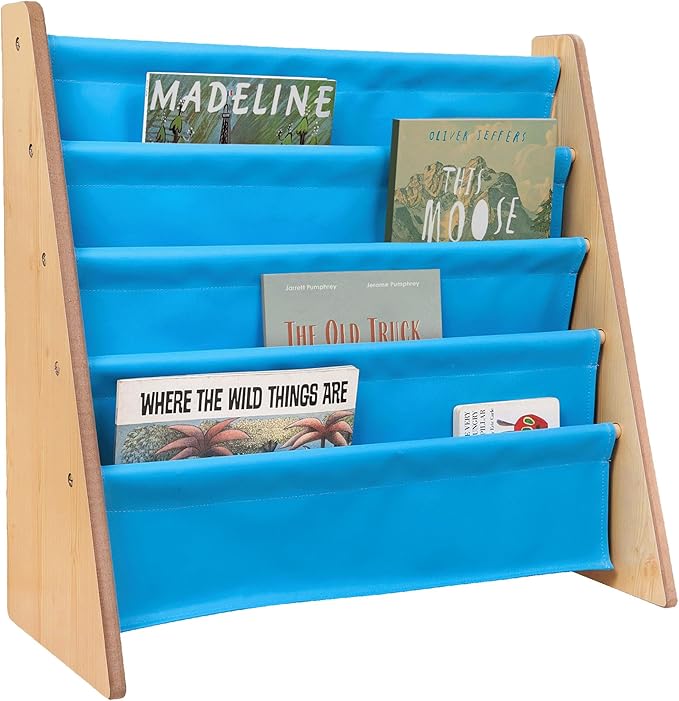 Wildkin Vegan Leather Sling Bookshelf for Kids – Premium Easy Clean Sling Canvas Design with 4 Fabric Shelves, Organizer for Home or Classroom - Natural w/Blue