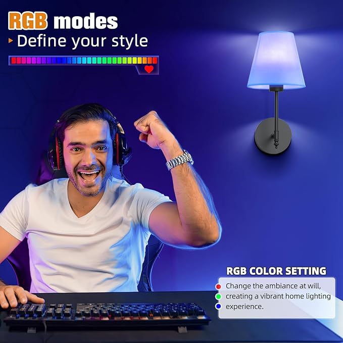 NIORSUN 14.5 inch Battery Operated Wall Sconce Set of 2,Black Rechargeable Wall Lights with 5200mAh Dimmable Detachable Bulbs and Remote,9 Colors Wireless Sconces for Bedroom Living Room Hallway Decor