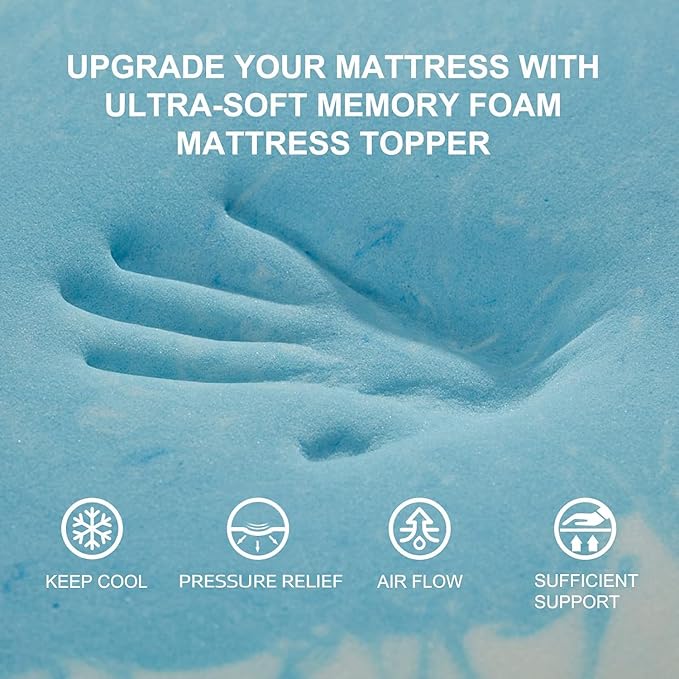 SINWEEK 1.5 Inch Mattress Topper 5-Zone Memory Foam Mattress Topper Pressure Relieve Soft Mattress Pad, CertiPUR-US Certified, Twin Size Blue