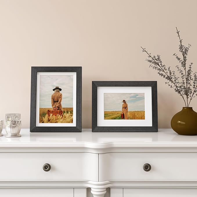 Egofine 6x8 Picture Frame Made of Solid Wood with Plexiglass, Display Pictures 4x6/5x7 with Mat or 6x8 Without Mat for Tabletop and Wall Mounting, Rustic Black