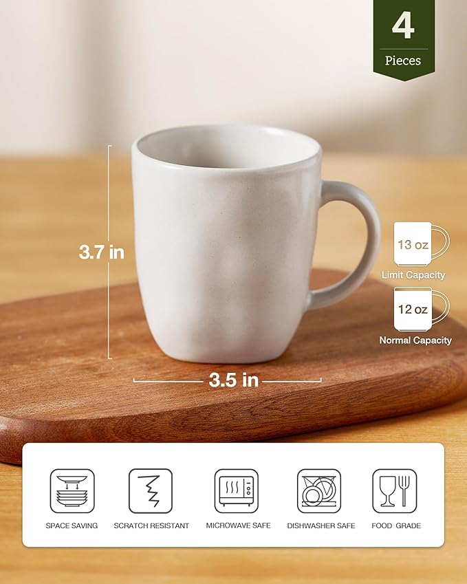 famiware Coffee Mugs Set of 4, Ocean Square 13oz Coffee Cup Set with Handle for Cocoa, Milk, Hot Chocolate, Tea, Water, Stoneware Cups for Kitchen, Microwave and Dishwasher Safe, Matte White